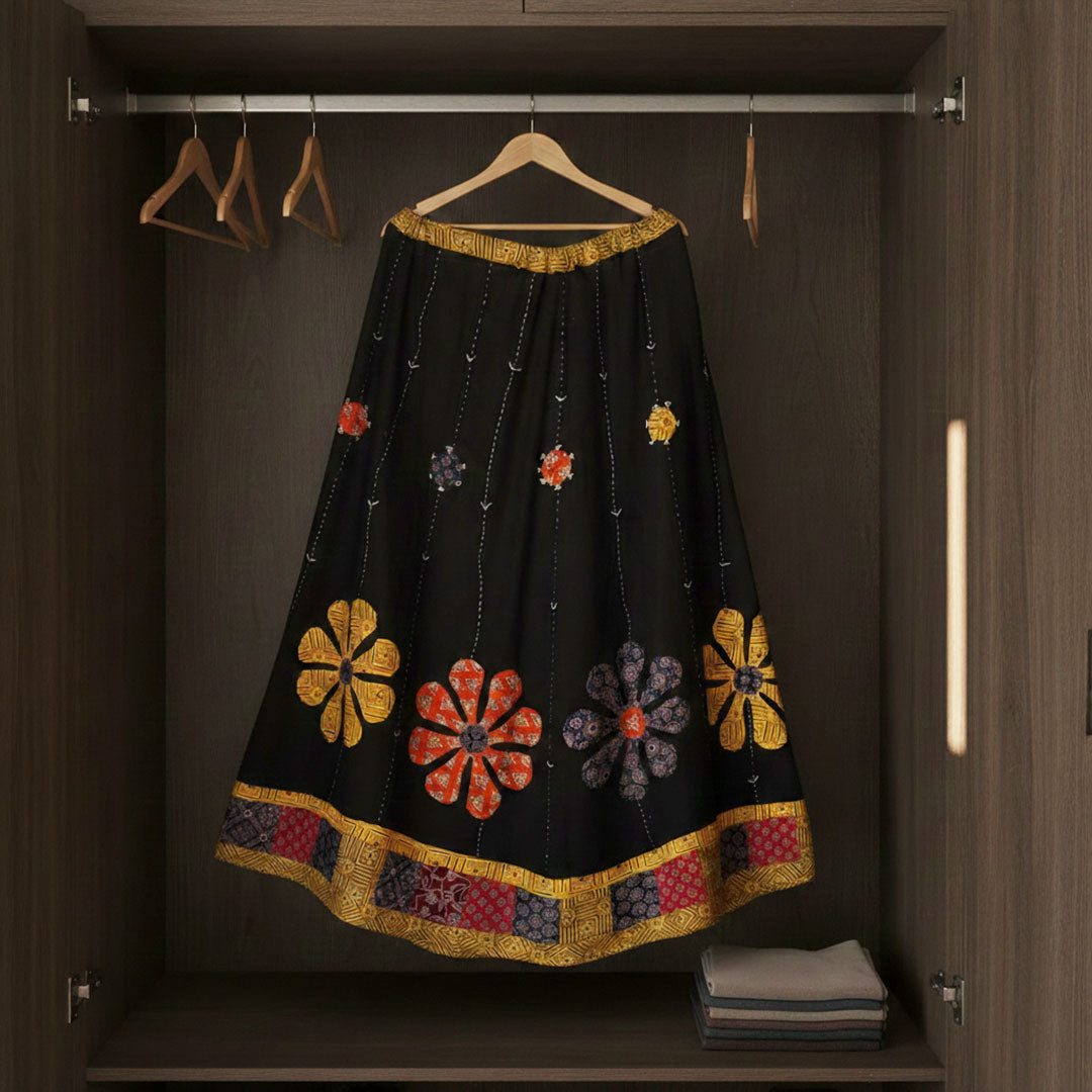 Black Bohemian Floral Applique Cotton Maxi Skirt