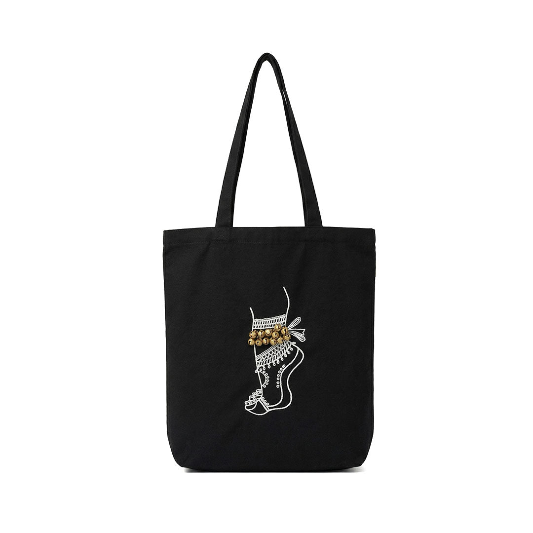 Hand-Embroidered Ghungroo Motif Canvas Tote Bag in Black