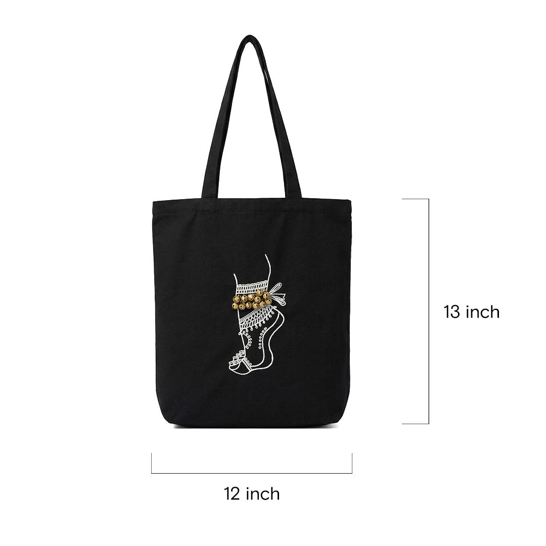Hand-Embroidered Ghungroo Motif Canvas Tote Bag in Black