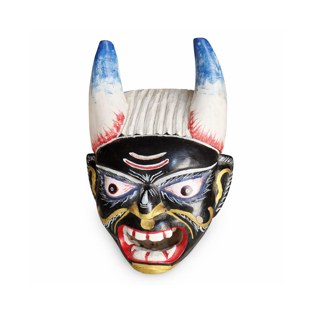Viking-style mask with horns on a white background