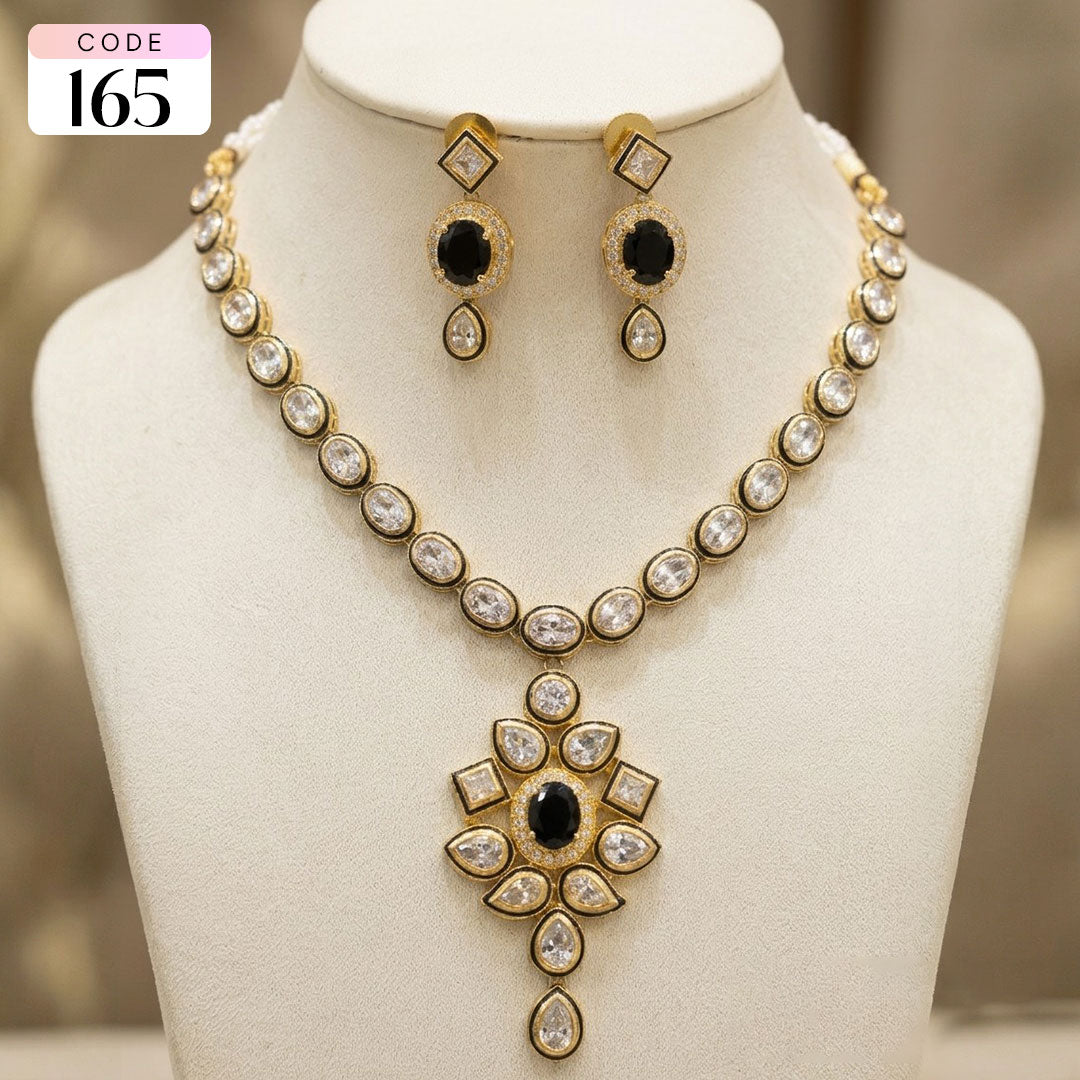 Elegant Oval Kundan Necklace Set with Black Stone Accents