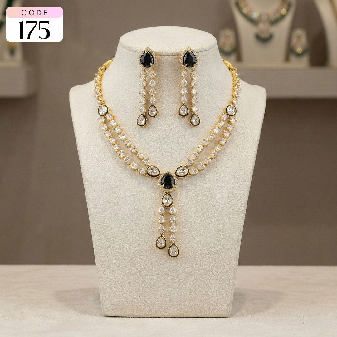 Double-Layered Kundan Necklace Set with Black Teardrop Accents