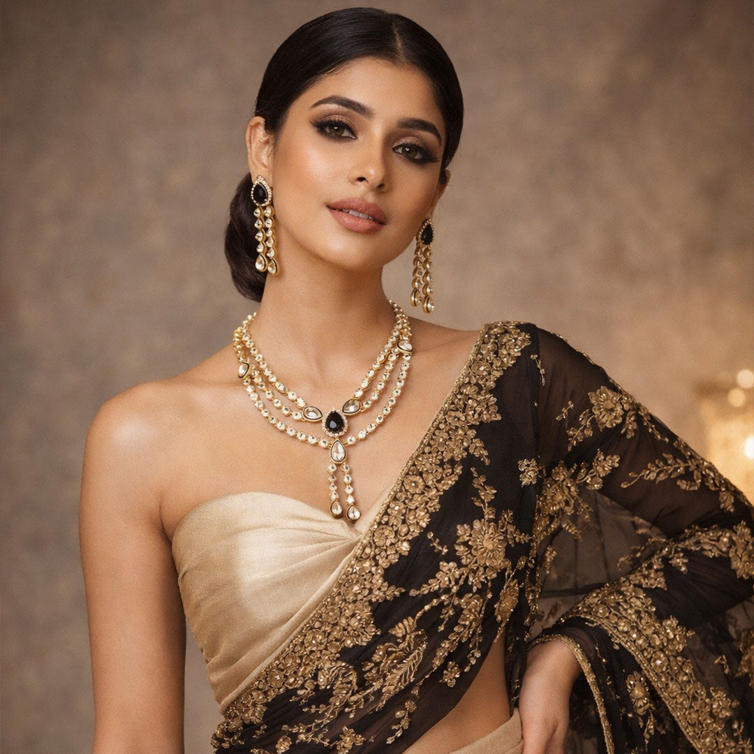 Double-Layered Kundan Necklace Set with Black Teardrop Accents