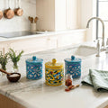 Artisanal Yellow & Blue Floral Blue Pottery Jar with Lid Set of 3