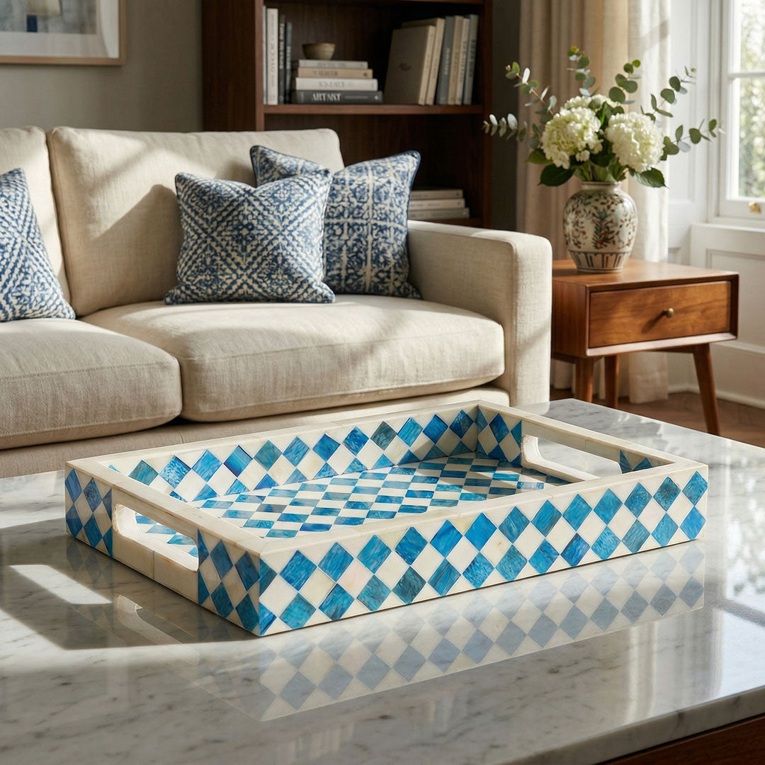 Blue Diamond Harlequin Bone Inlay Rectangular Tray