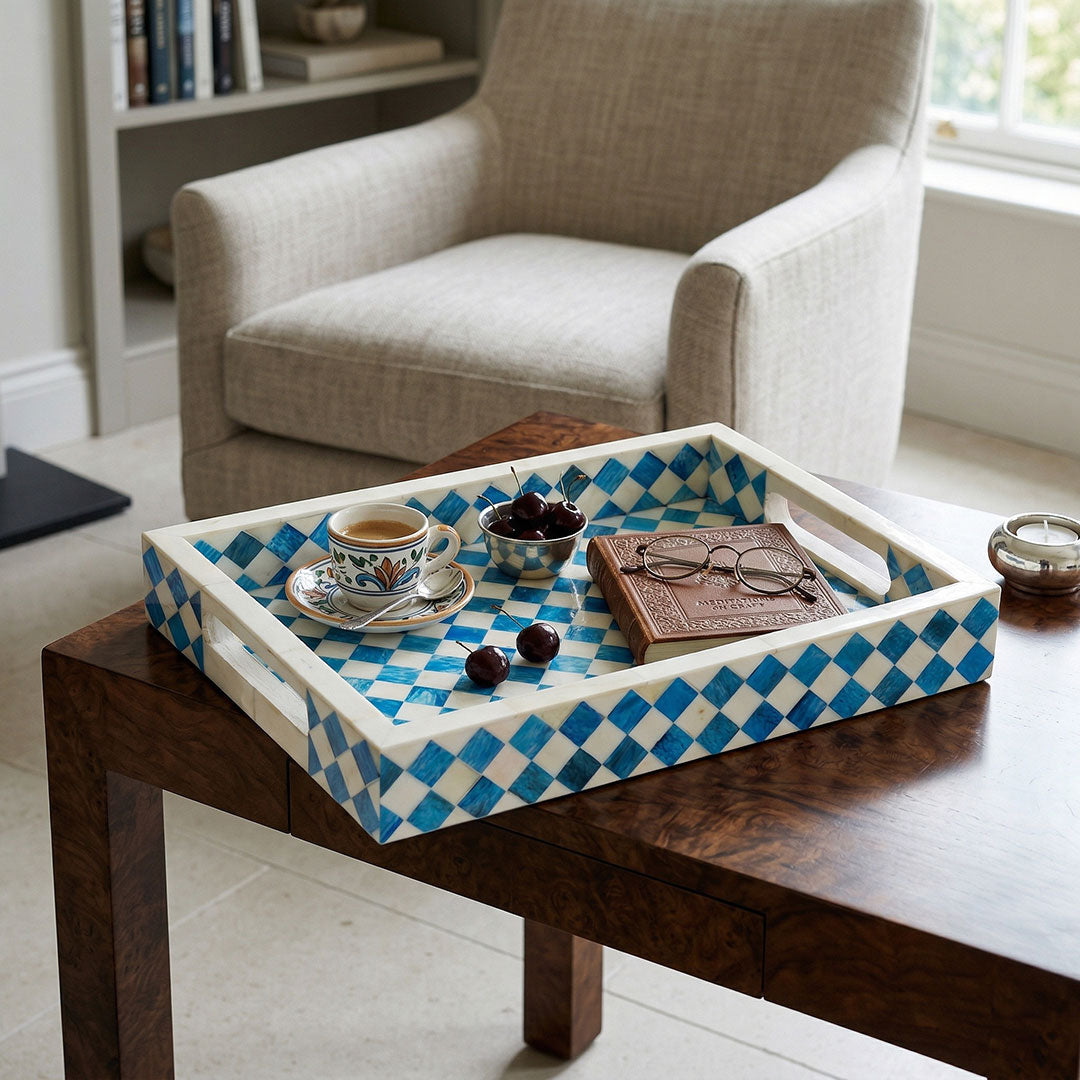 Blue Diamond Harlequin Bone Inlay Rectangular Tray