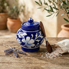 Hand-Painted Blue Pottery Floral Storage Jar with Lid Set of 2