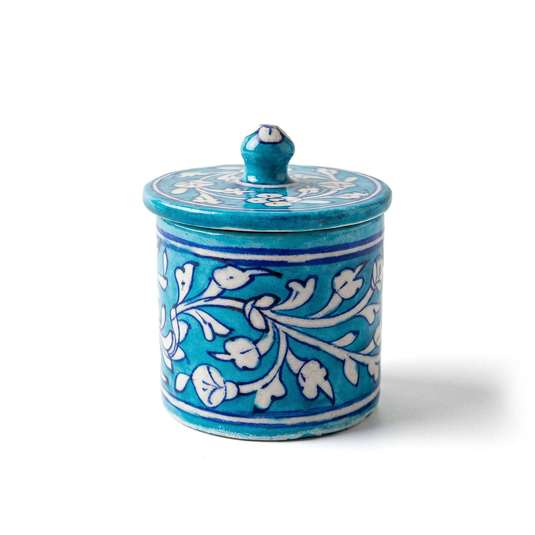 Artisanal Yellow & Blue Floral Blue Pottery Jar with Lid Set of 3