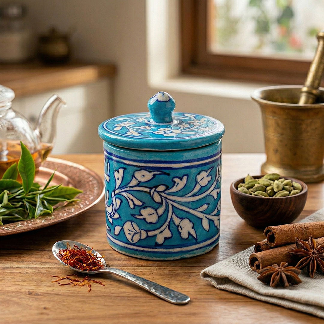 Artisanal Yellow & Blue Floral Blue Pottery Jar with Lid Set of 3