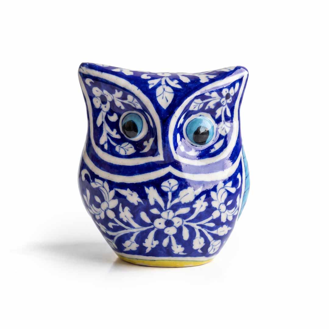 Traditional Floral Blue Pottery Owl Decor