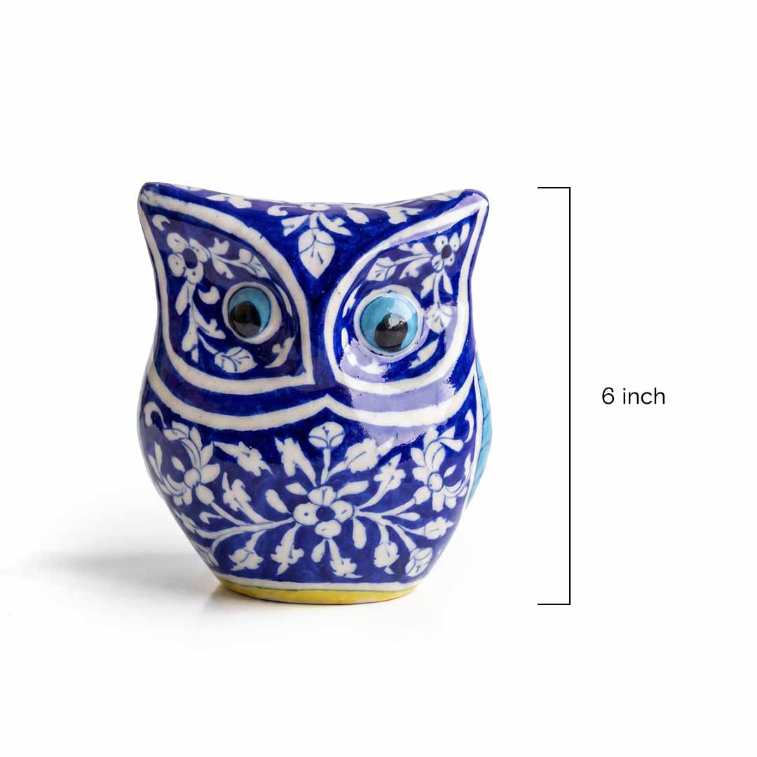 Traditional Floral Blue Pottery Owl Decor