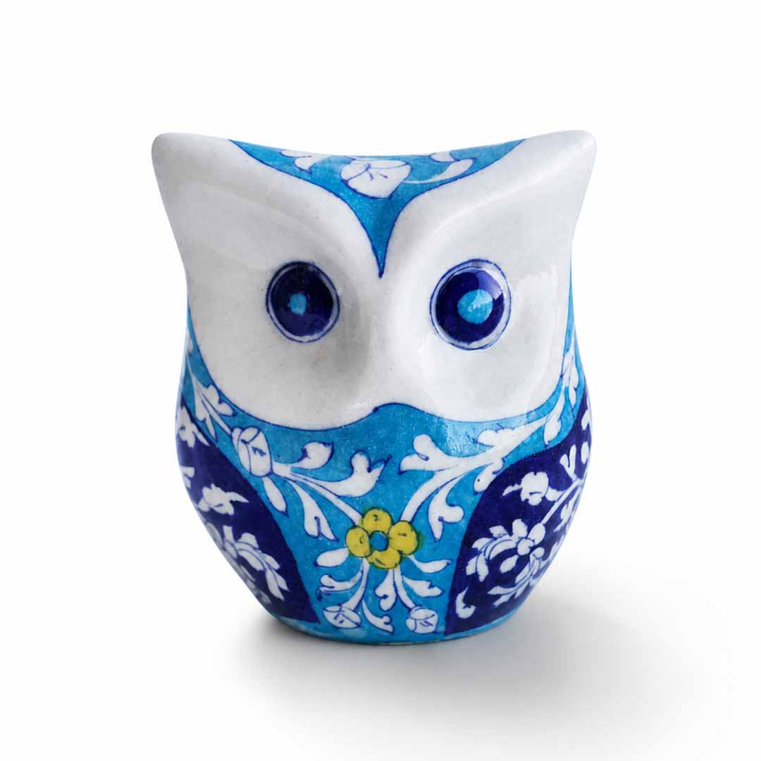 Artisan Blue Pottery Floral Owl Figurine