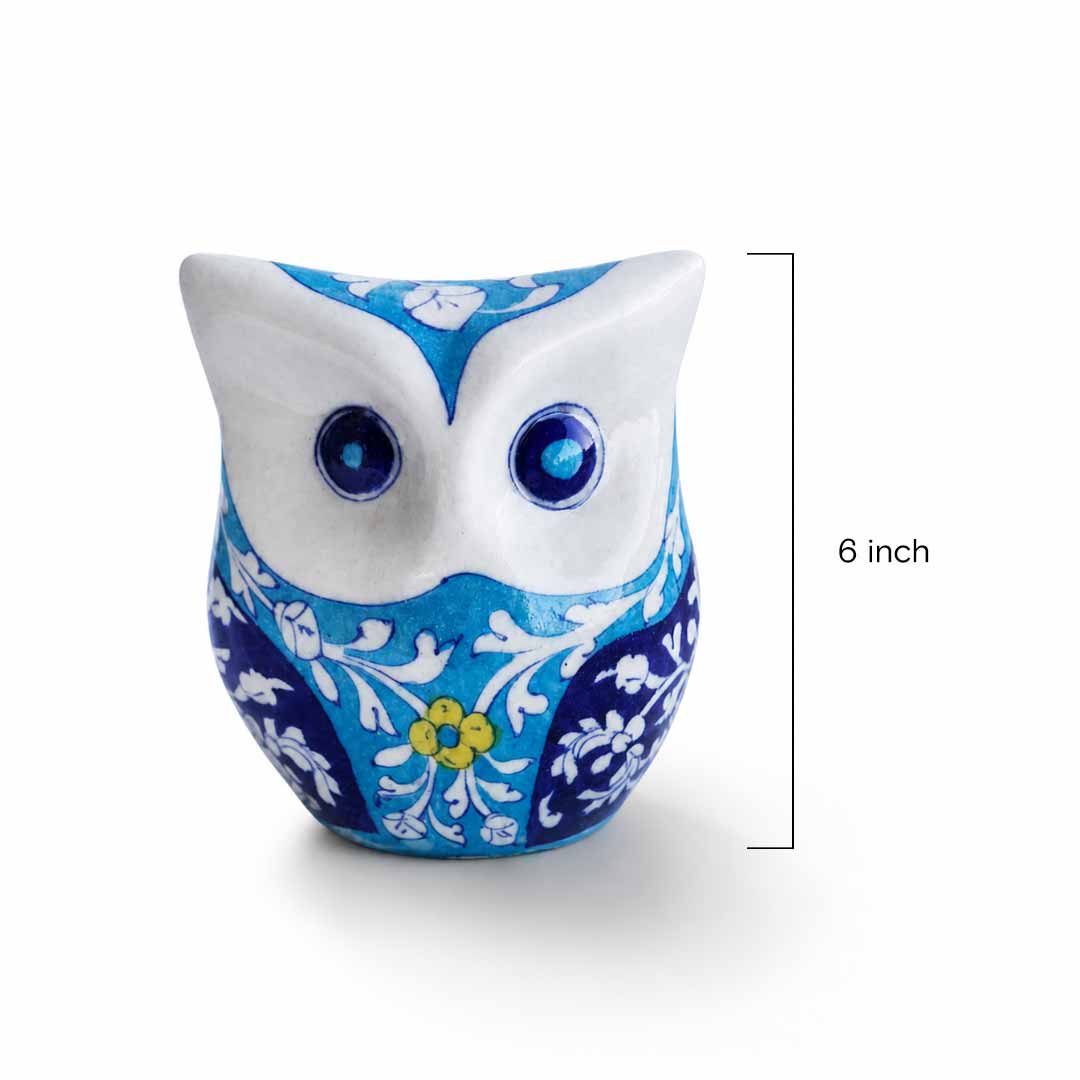 Artisan Blue Pottery Floral Owl Figurine