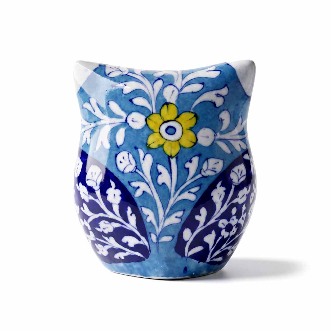 Artisan Blue Pottery Floral Owl Figurine