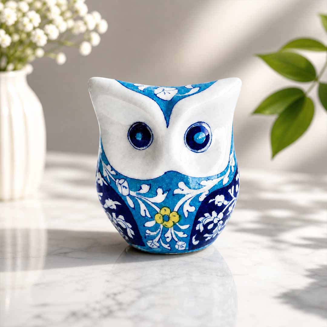 Artisan Blue Pottery Floral Owl Figurine