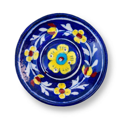 Artisanal Blue Pottery Incense Stick Holder with Yellow Blooms