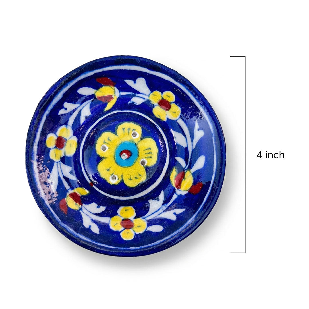Artisanal Blue Pottery Incense Stick Holder with Yellow Blooms