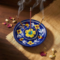 Artisanal Blue Pottery Incense Stick Holder with Yellow Blooms