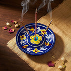 Artisanal Blue Pottery Incense Stick Holder with Yellow Blooms
