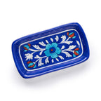 Hand-Painted Blue Pottery Rectangular Floral Trinket Dish