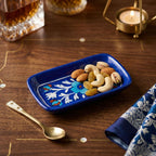 Hand-Painted Blue Pottery Rectangular Floral Trinket Dish