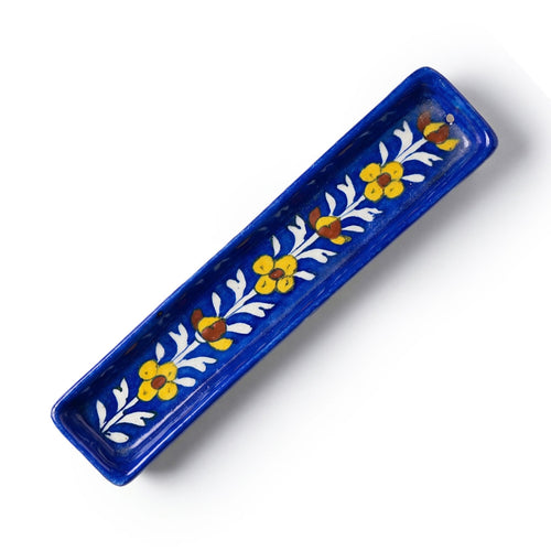 Blue Pottery Hand-Painted Floral Incense Holder in Cobalt