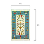 Floral patterned rug with dimensions on a white background