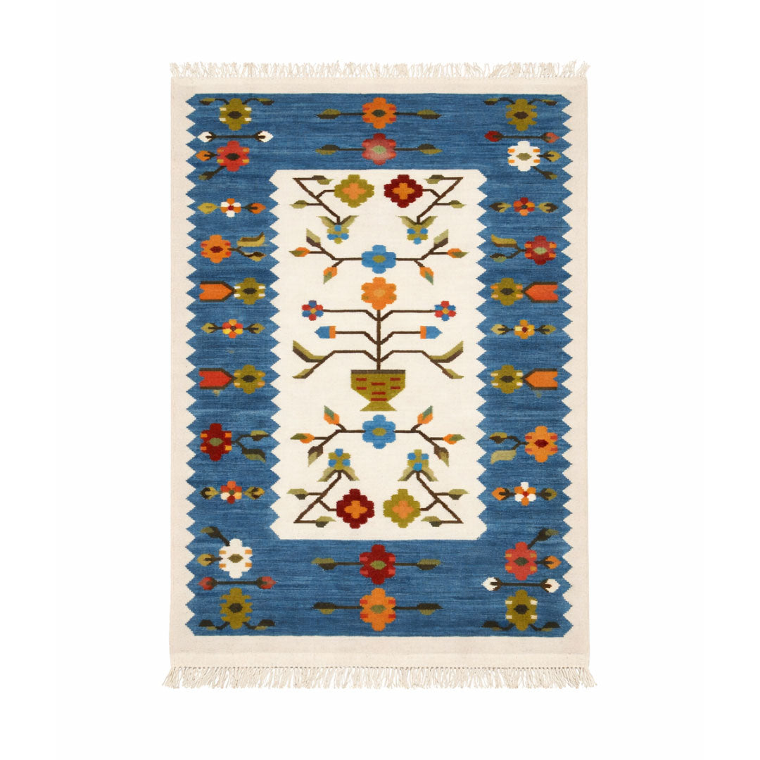 Blue & Cream Handwoven Kilim Rug