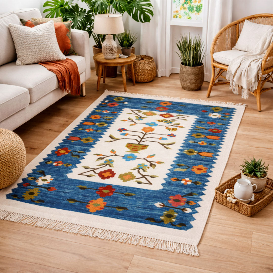 Blue & Cream  Kilim Rug