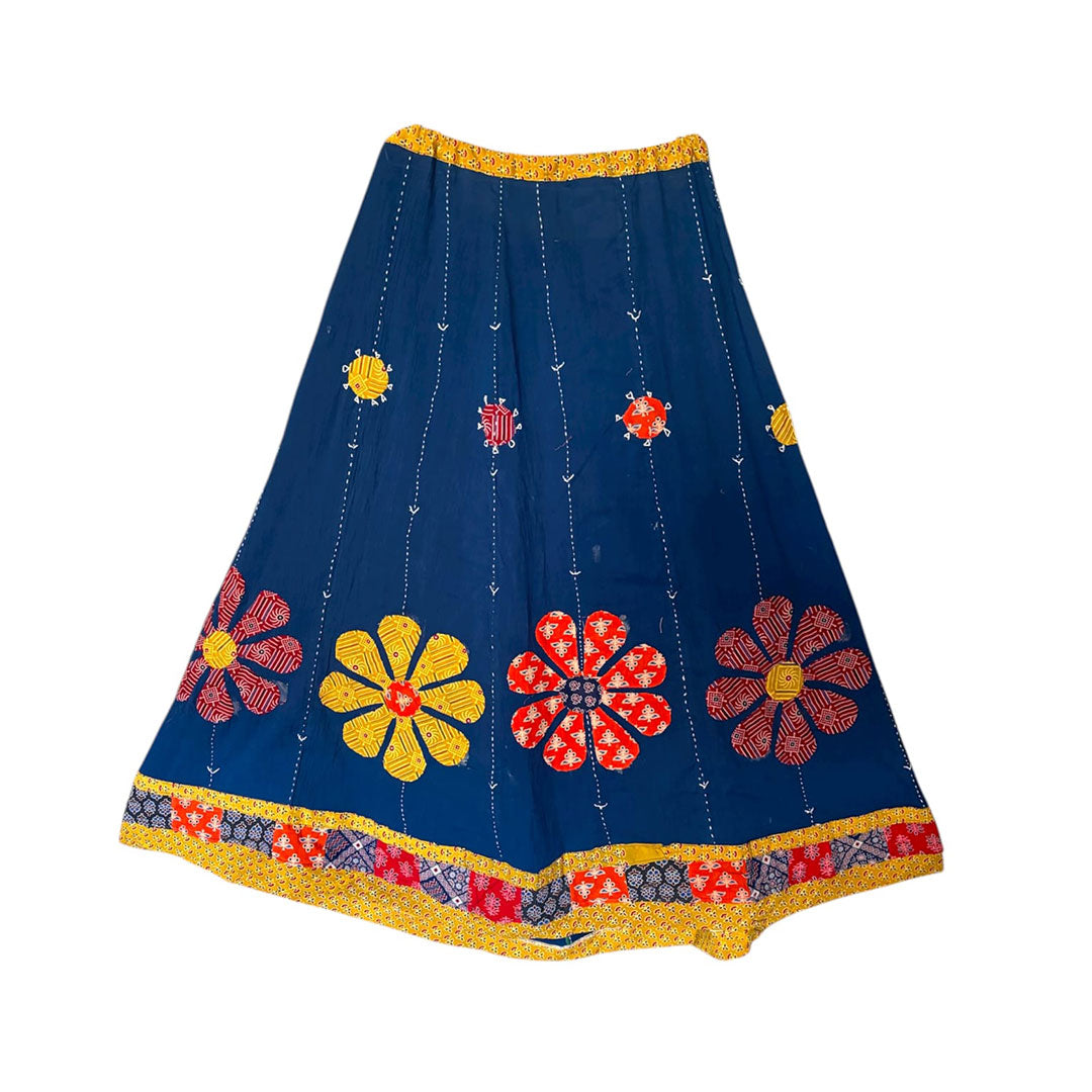 Vibrant Blue Boho Maxi Skirt with Floral Applique