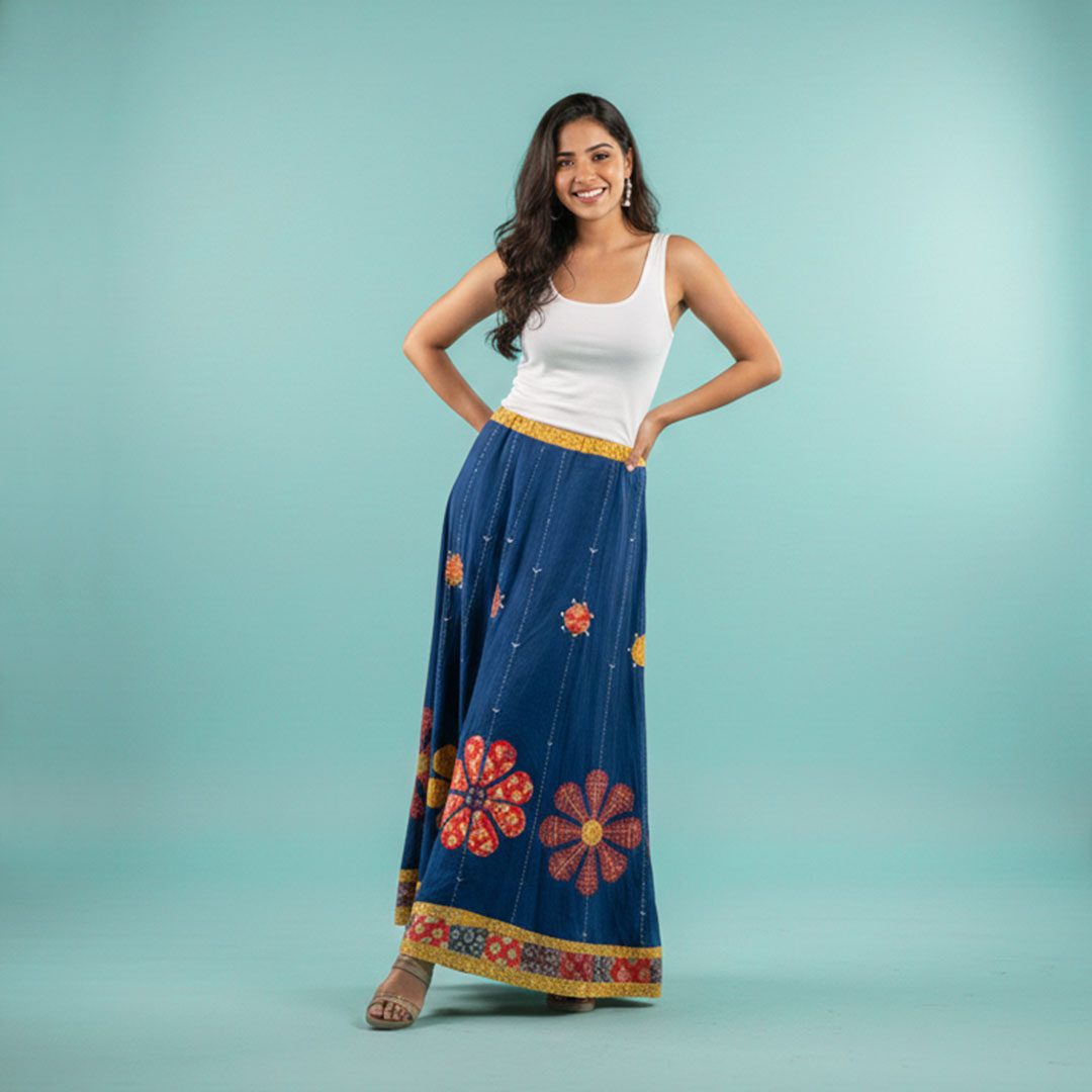 Vibrant Blue Boho Maxi Skirt with Floral Applique