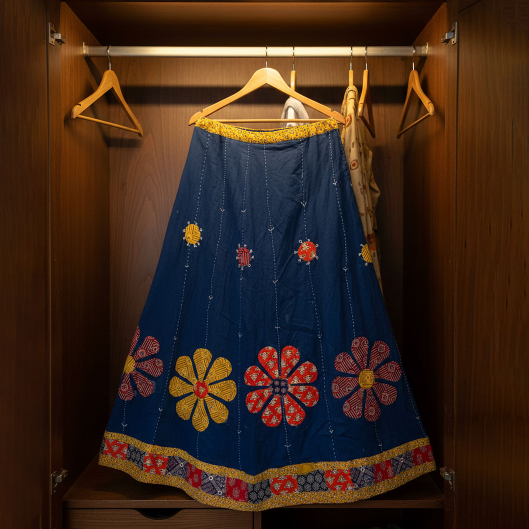 Vibrant Blue Boho Maxi Skirt with Floral Applique