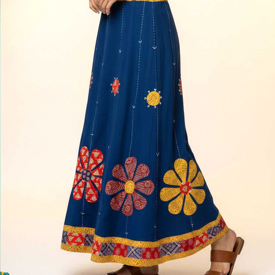 Vibrant Blue Boho Maxi Skirt with Floral Applique