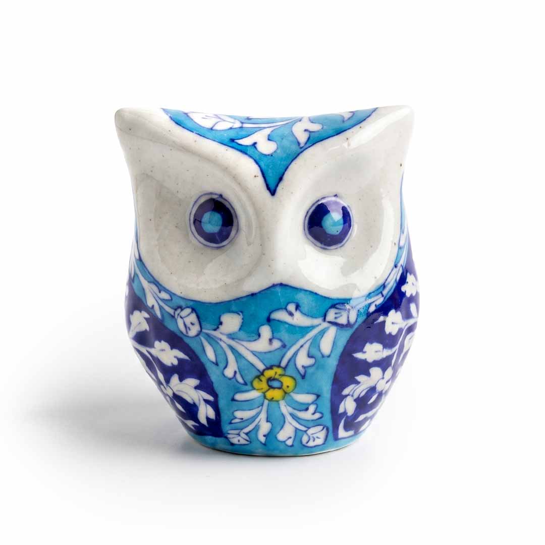 Handmade Blue Pottery Floral Owl Statue