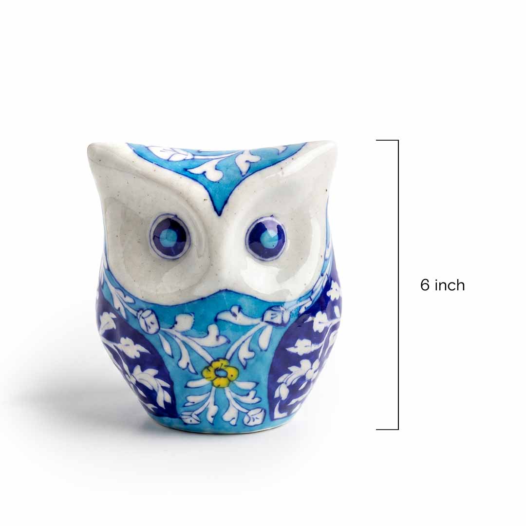 Handmade Blue Pottery Floral Owl Statue