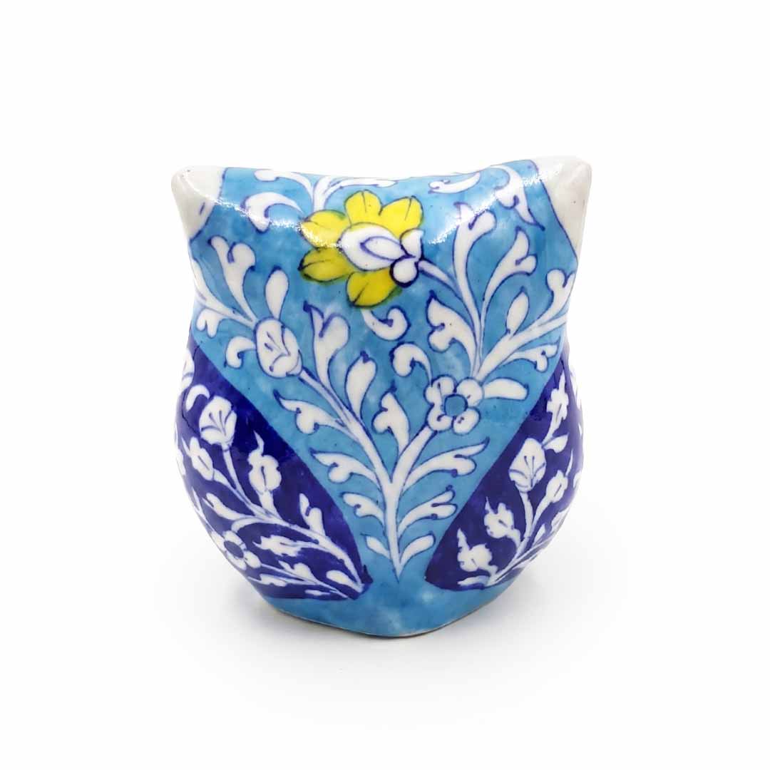 Handmade Blue Pottery Floral Owl Statue