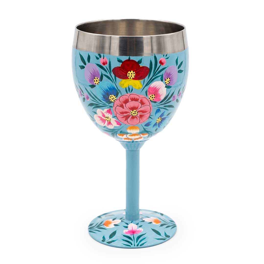 Hand-Painted Blue Blossom Stainless Steel Wine Goblet
