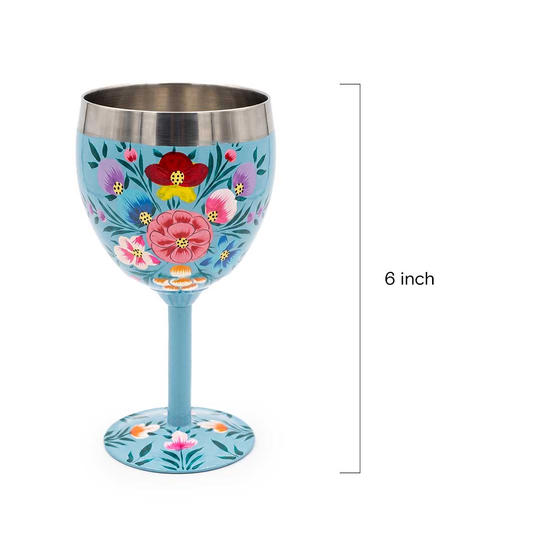 Hand-Painted Blue Blossom Stainless Steel Wine Goblet