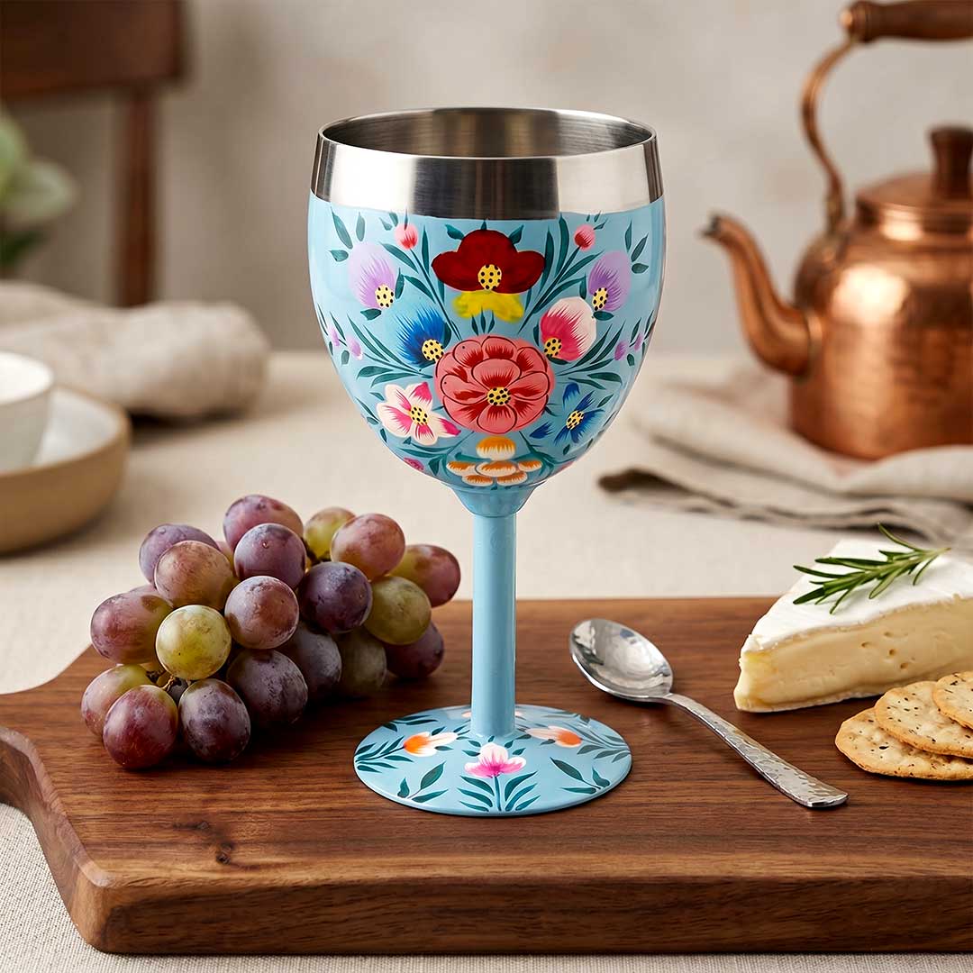 Hand-Painted Blue Blossom Stainless Steel Wine Goblet
