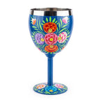 Hand-Painted Blue Botanical Stainless Steel Wine Glass