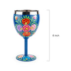 Hand-Painted Blue Botanical Stainless Steel Wine Glass