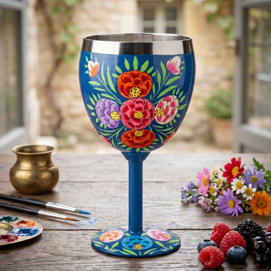 Hand-Painted Blue Botanical Stainless Steel Wine Glass