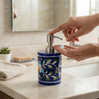 Hand-Painted Blue Pottery Floral Vine Soap Dispenser