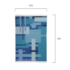 Blue geometric patterned rug with dimensions labeled on a white background