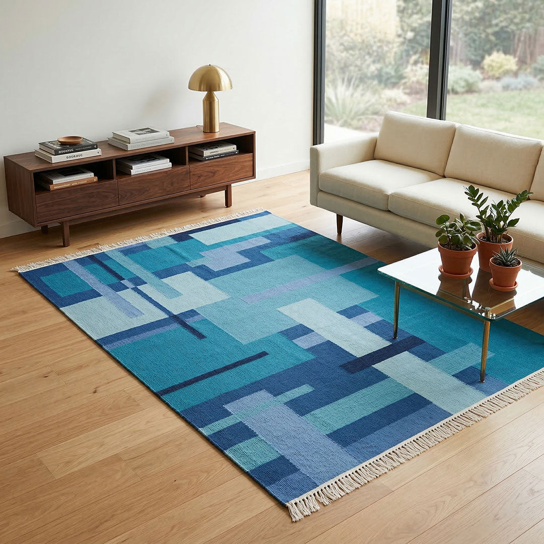 Modern living room with a blue geometric rug, beige sofa, and wooden coffee table.