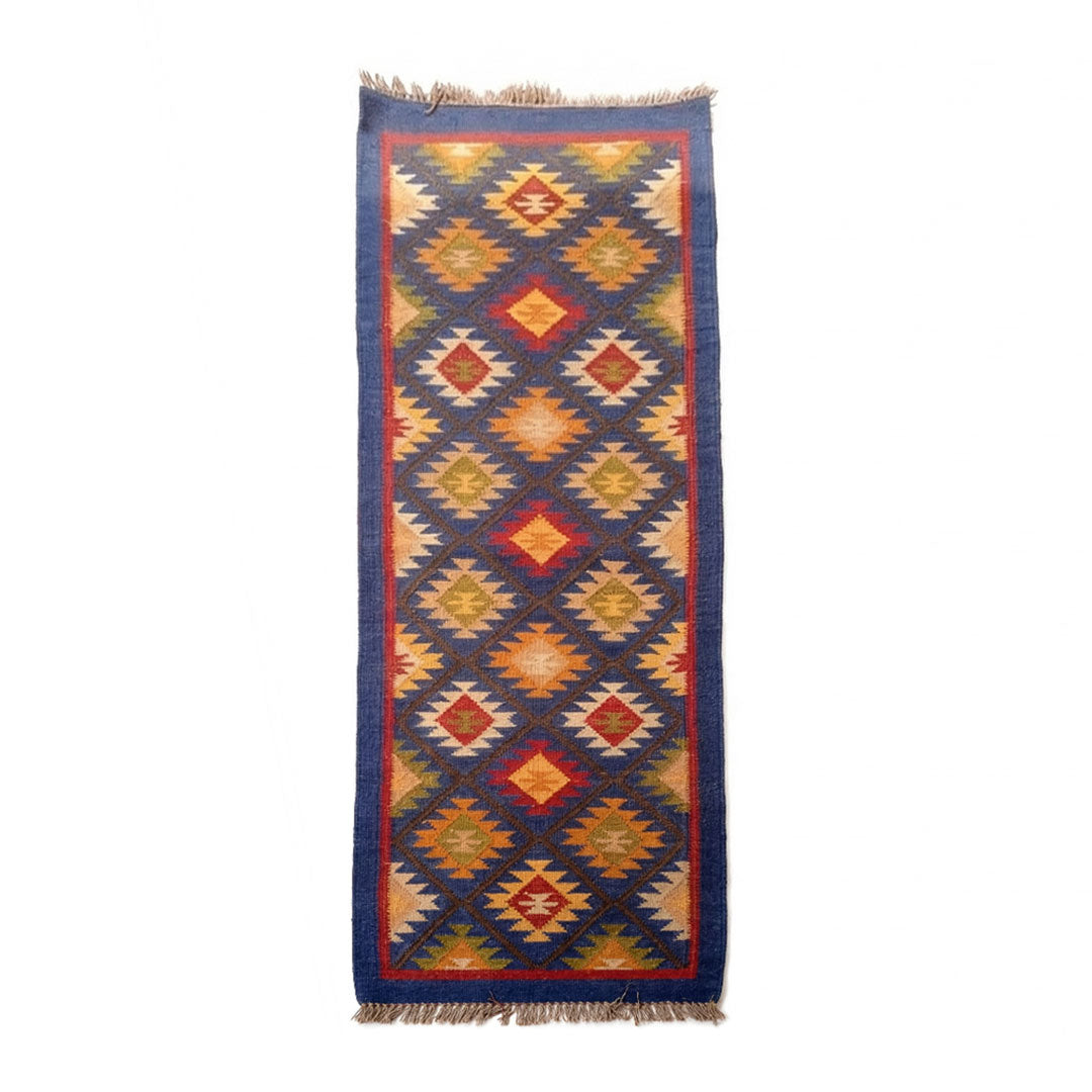 Woven rug with geometric pattern on a white background