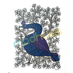 Hand-Painted Gond Art Blue Bird Painting on Paper - Unframed