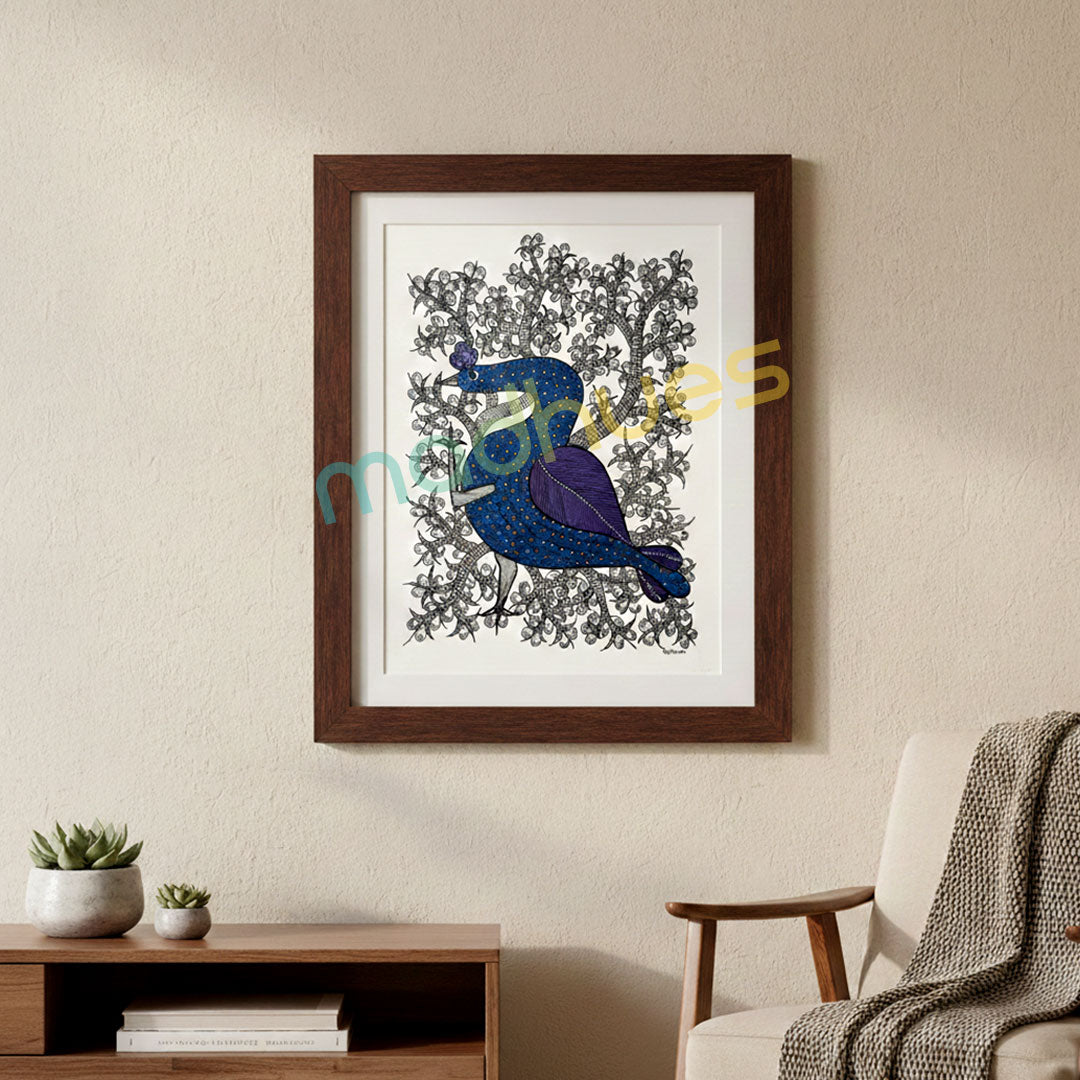 Hand-Painted Gond Art Blue Bird Painting on Paper - Unframed