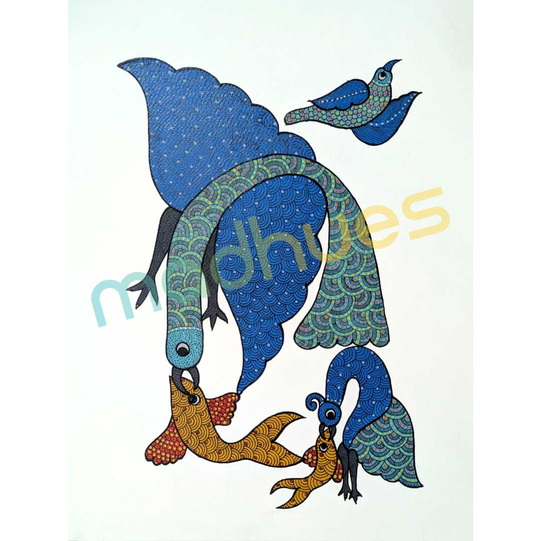 Gond Art Hand-Painted Bird and Fish Paper Painting