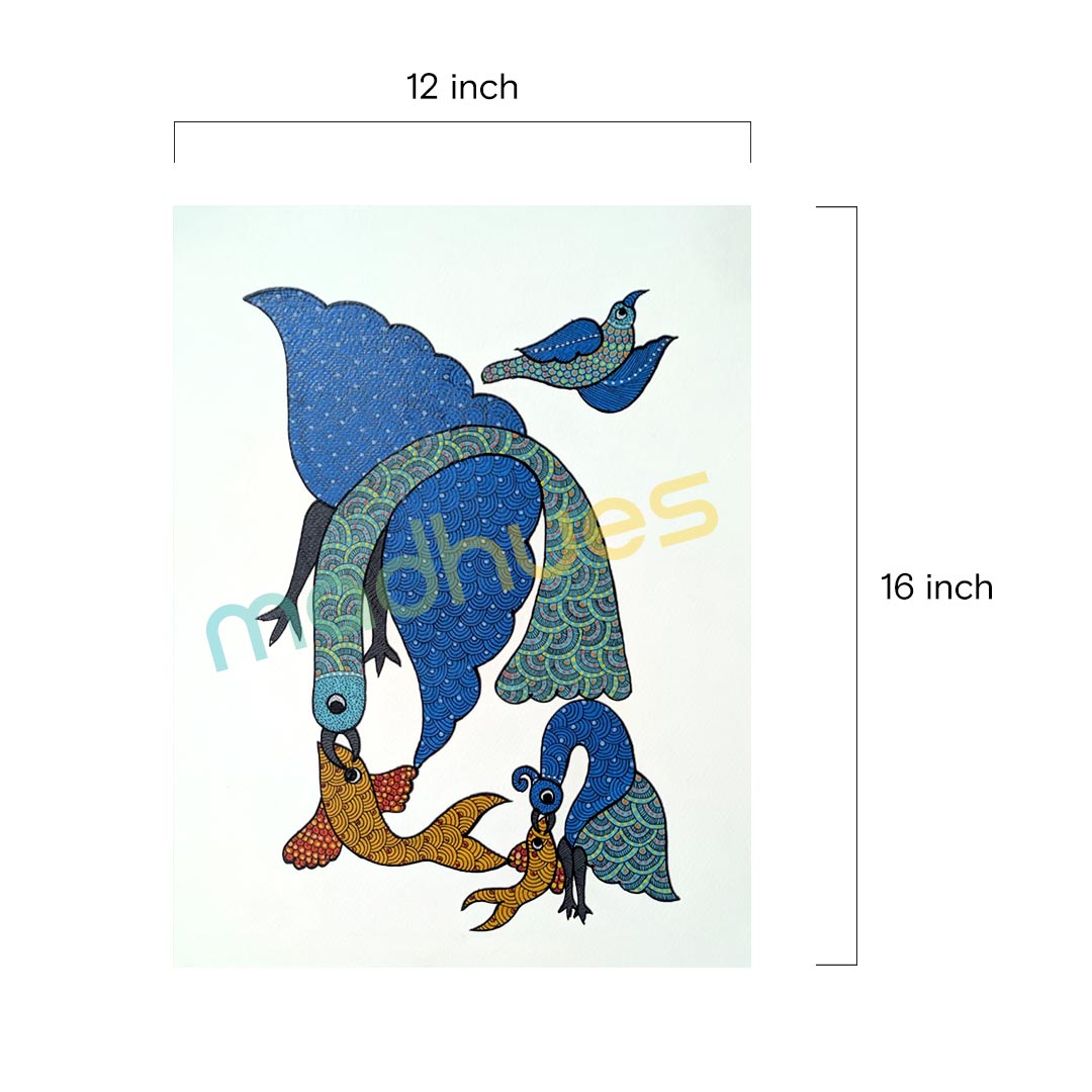 Gond Art Hand-Painted Bird and Fish Paper Painting